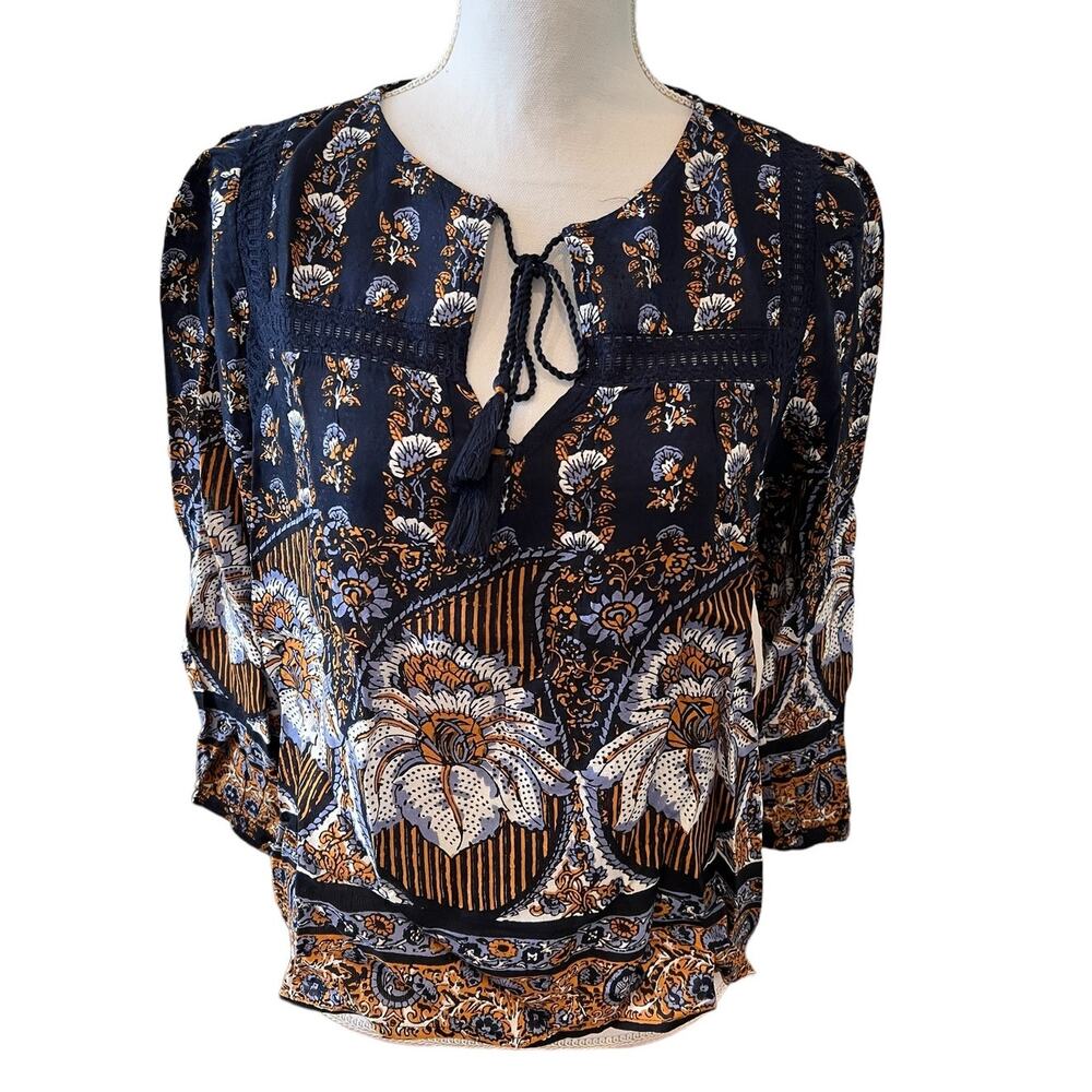 Lucky Brand Bohemian Ikat Print Long Sleeve Top Blue Golden Mustard S
